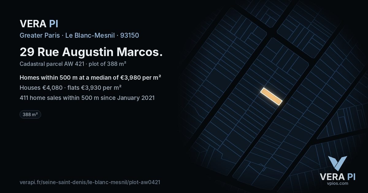 29 Rue Augustin Marcos, Le Blanc-Mesnil at night – the plot lit, the parcels around coloured by the prices near them