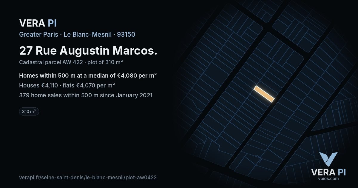 27 Rue Augustin Marcos, Le Blanc-Mesnil at night – the plot lit, the parcels around coloured by the prices near them