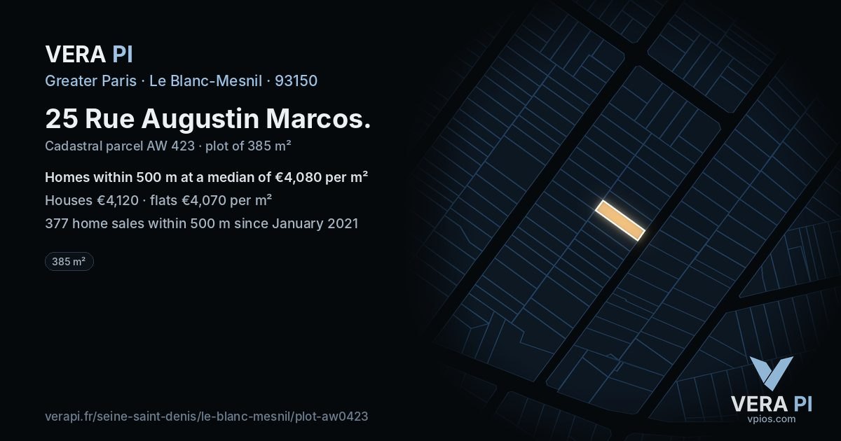 25 Rue Augustin Marcos, Le Blanc-Mesnil at night – the plot lit, the parcels around coloured by the prices near them