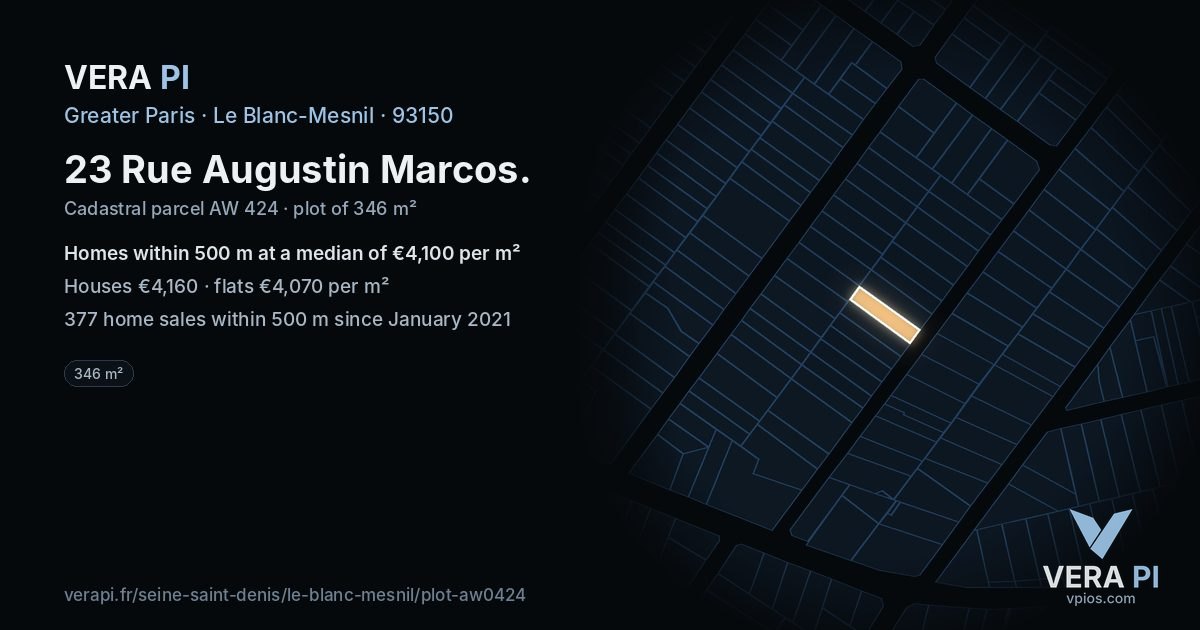 23 Rue Augustin Marcos, Le Blanc-Mesnil at night – the plot lit, the parcels around coloured by the prices near them