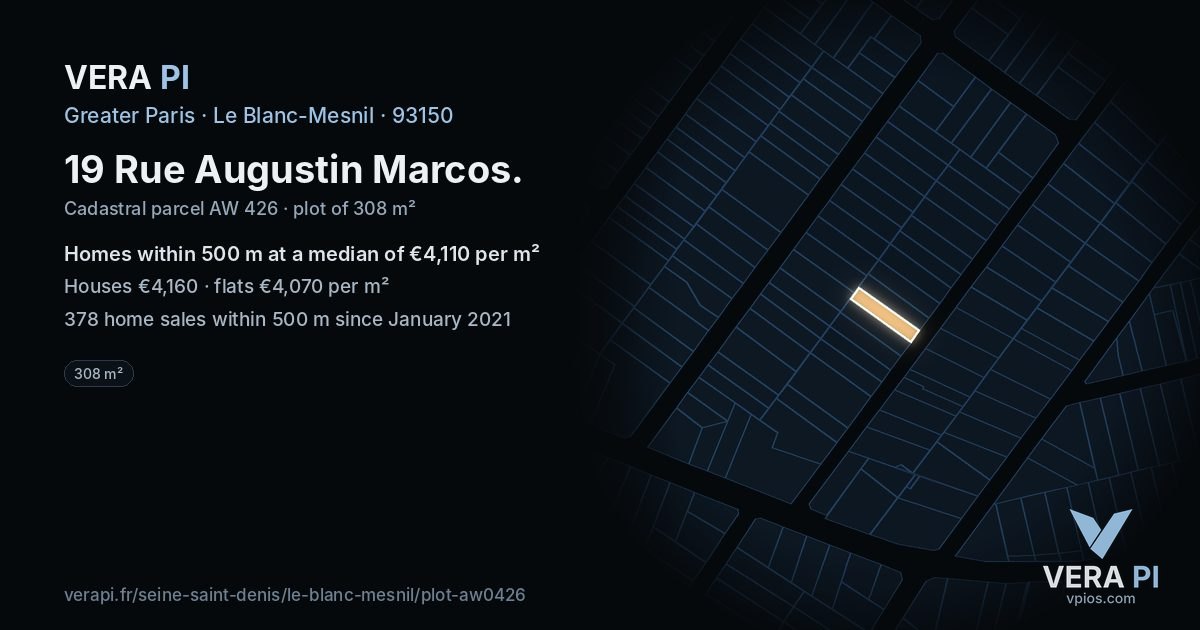 19 Rue Augustin Marcos, Le Blanc-Mesnil at night – the plot lit, the parcels around coloured by the prices near them