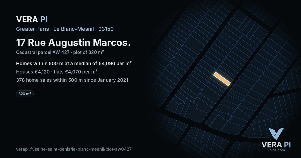17 Rue Augustin Marcos, Le Blanc-Mesnil at night – the plot lit, the parcels around coloured by the prices near them