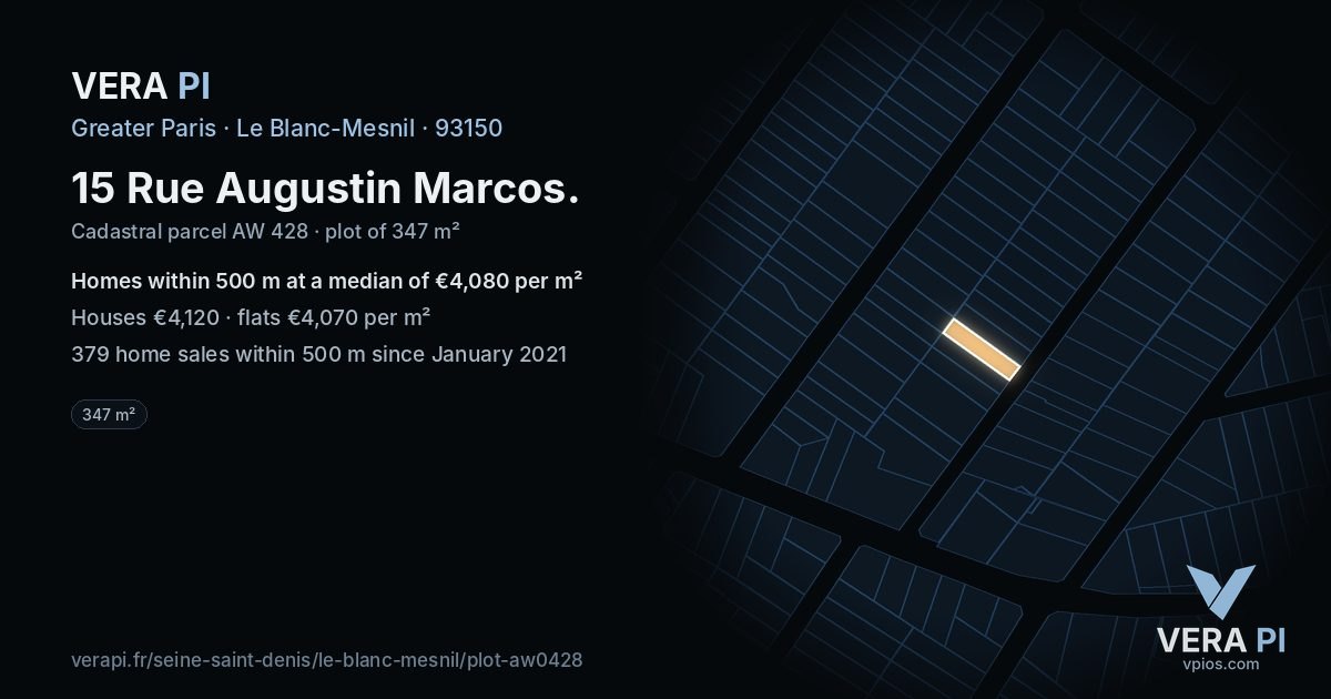 15 Rue Augustin Marcos, Le Blanc-Mesnil at night – the plot lit, the parcels around coloured by the prices near them