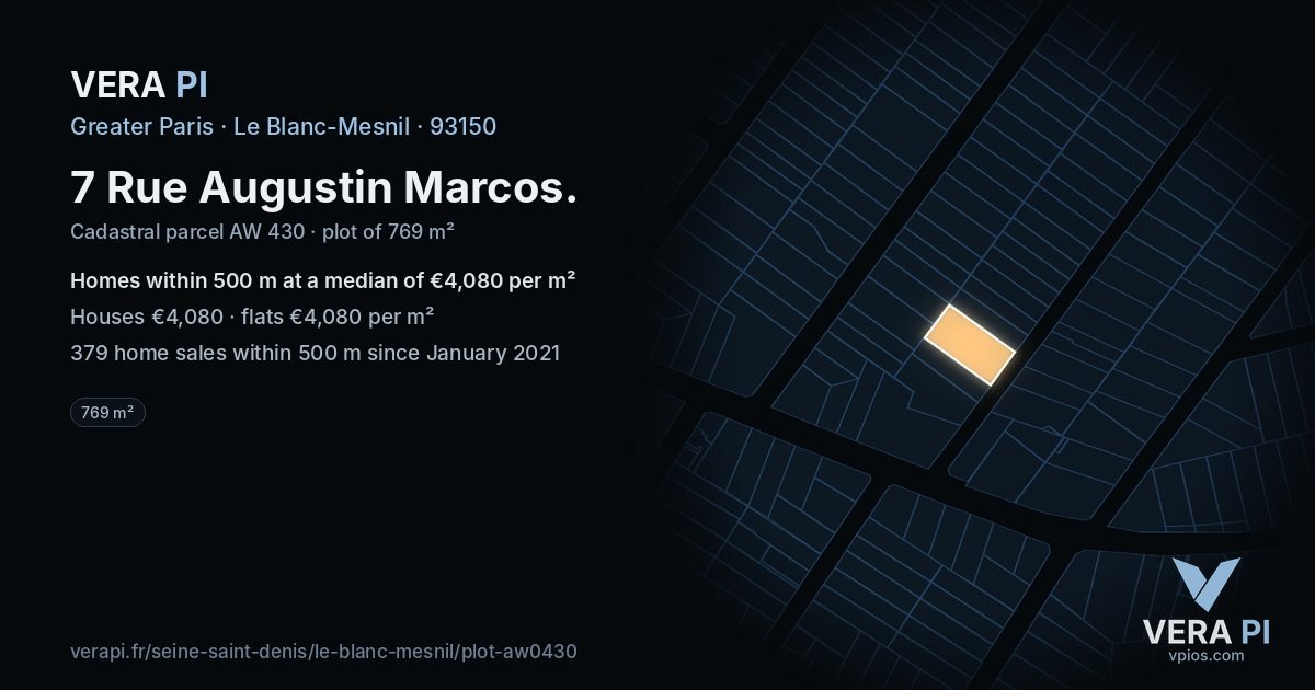 7 Rue Augustin Marcos, Le Blanc-Mesnil at night – the plot lit, the parcels around coloured by the prices near them