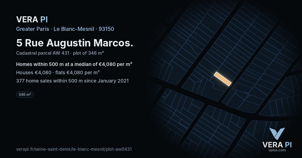 5 Rue Augustin Marcos, Le Blanc-Mesnil at night – the plot lit, the parcels around coloured by the prices near them