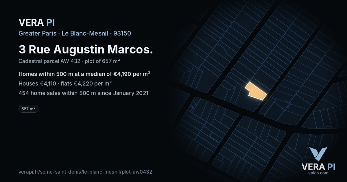 3 Rue Augustin Marcos, Le Blanc-Mesnil at night – the plot lit, the parcels around coloured by the prices near them