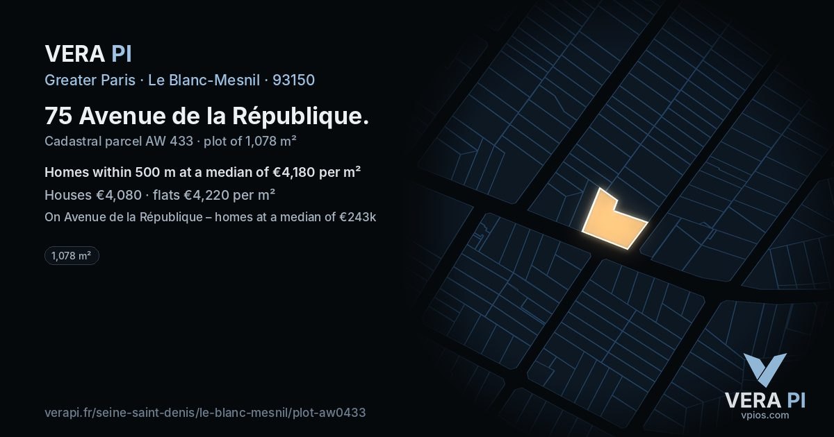 75 Avenue de la République, Le Blanc-Mesnil at night – the plot lit, the parcels around coloured by the prices near them