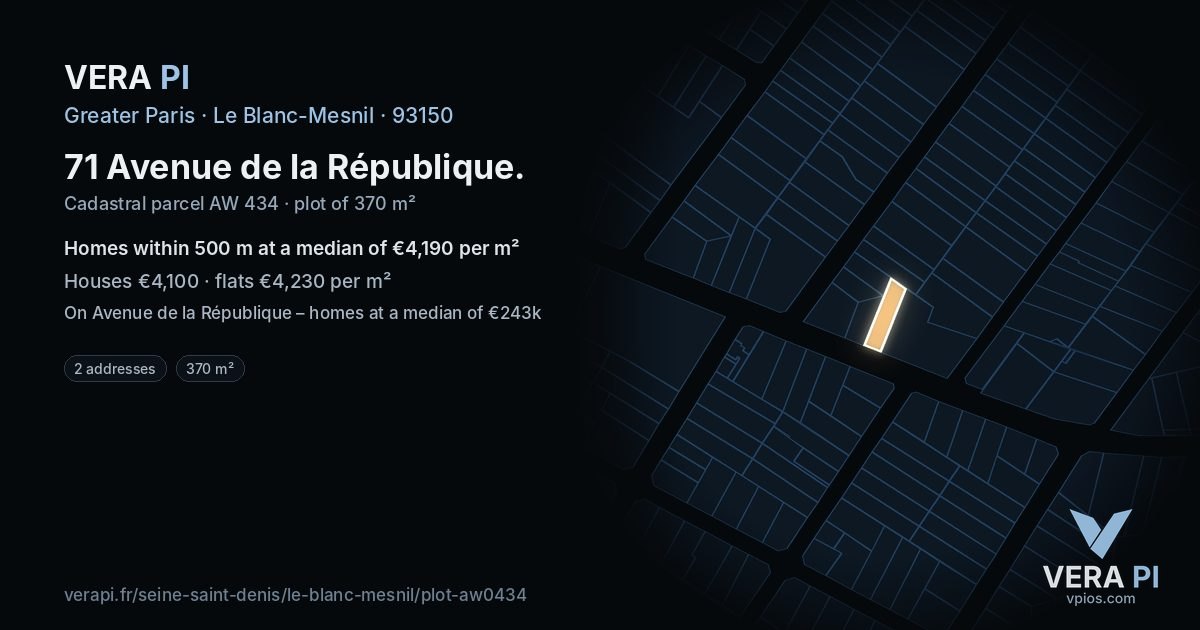 71 Avenue de la République, Le Blanc-Mesnil at night – the plot lit, the parcels around coloured by the prices near them