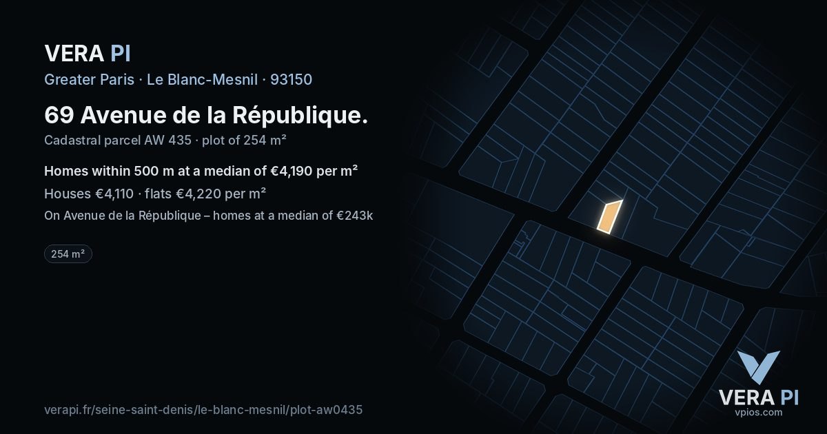 69 Avenue de la République, Le Blanc-Mesnil at night – the plot lit, the parcels around coloured by the prices near them