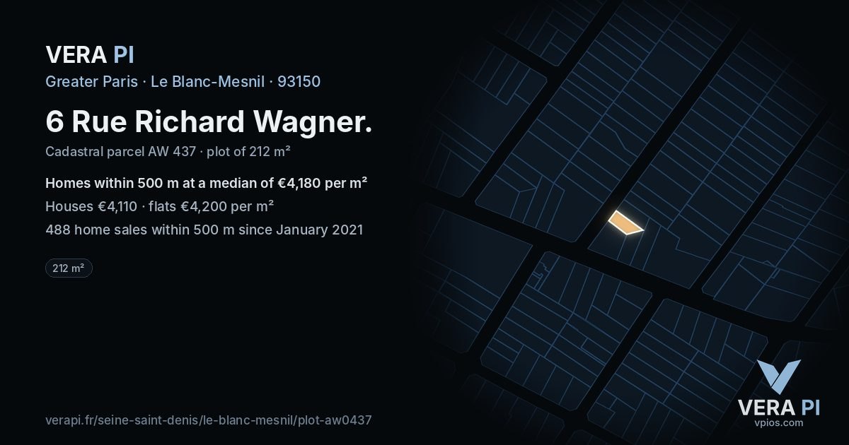 6 Rue Richard Wagner, Le Blanc-Mesnil at night – the plot lit, the parcels around coloured by the prices near them
