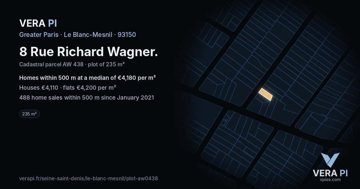 8 Rue Richard Wagner, Le Blanc-Mesnil at night – the plot lit, the parcels around coloured by the prices near them
