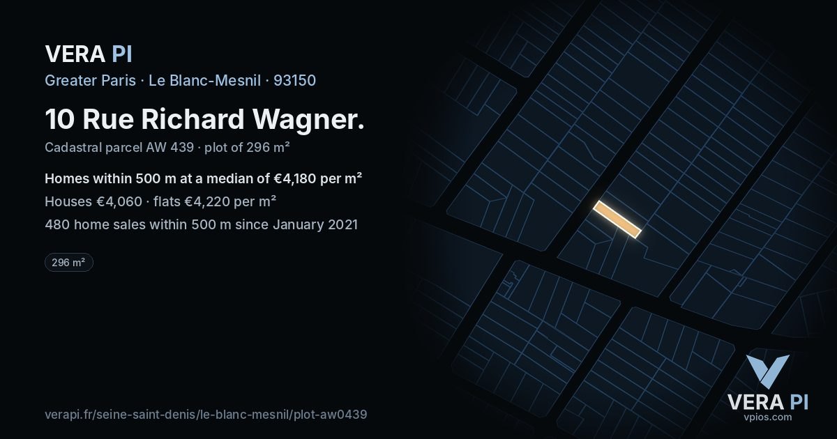 10 Rue Richard Wagner, Le Blanc-Mesnil at night – the plot lit, the parcels around coloured by the prices near them