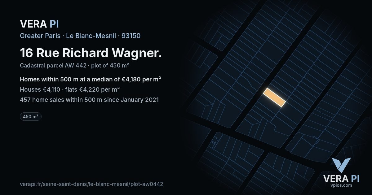 16 Rue Richard Wagner, Le Blanc-Mesnil at night – the plot lit, the parcels around coloured by the prices near them