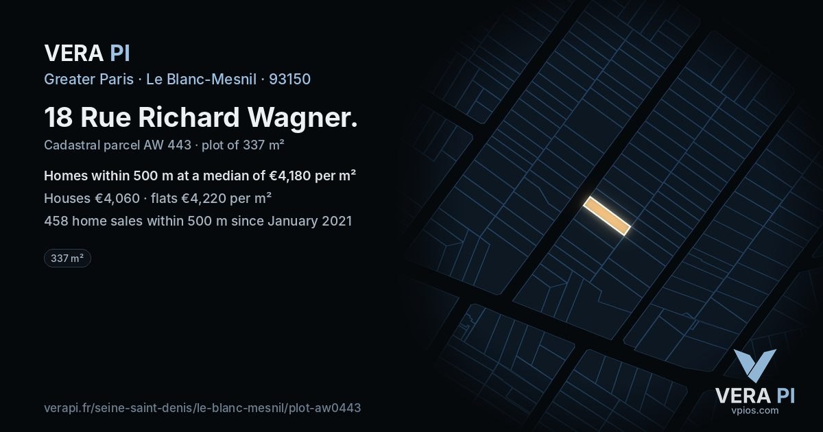 18 Rue Richard Wagner, Le Blanc-Mesnil at night – the plot lit, the parcels around coloured by the prices near them