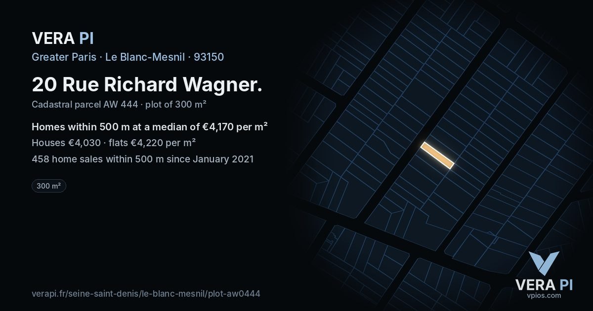 20 Rue Richard Wagner, Le Blanc-Mesnil at night – the plot lit, the parcels around coloured by the prices near them