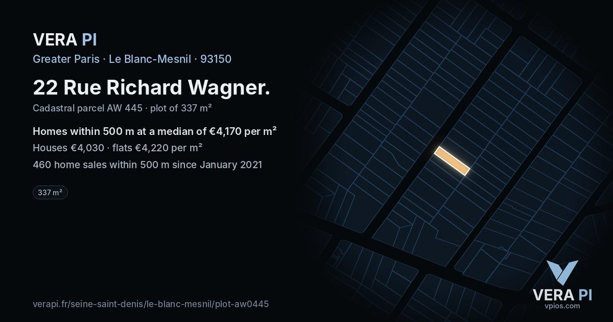 22 Rue Richard Wagner, Le Blanc-Mesnil at night – the plot lit, the parcels around coloured by the prices near them