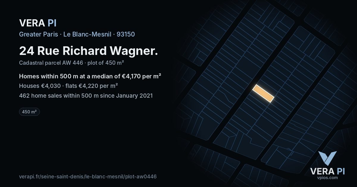24 Rue Richard Wagner, Le Blanc-Mesnil at night – the plot lit, the parcels around coloured by the prices near them