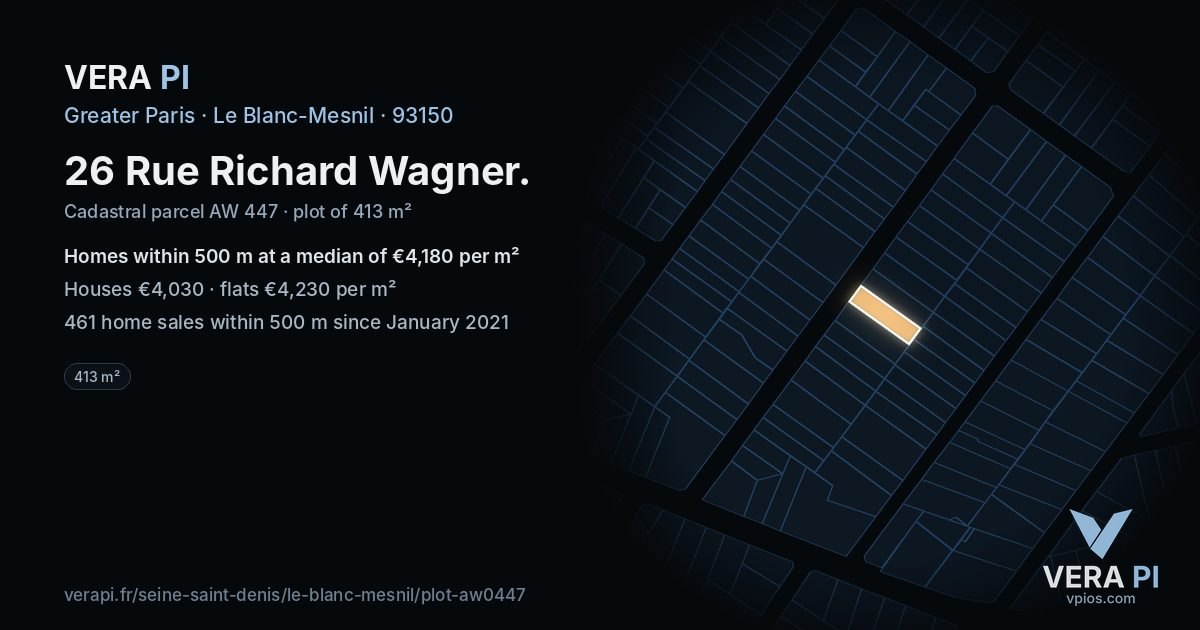 26 Rue Richard Wagner, Le Blanc-Mesnil at night – the plot lit, the parcels around coloured by the prices near them