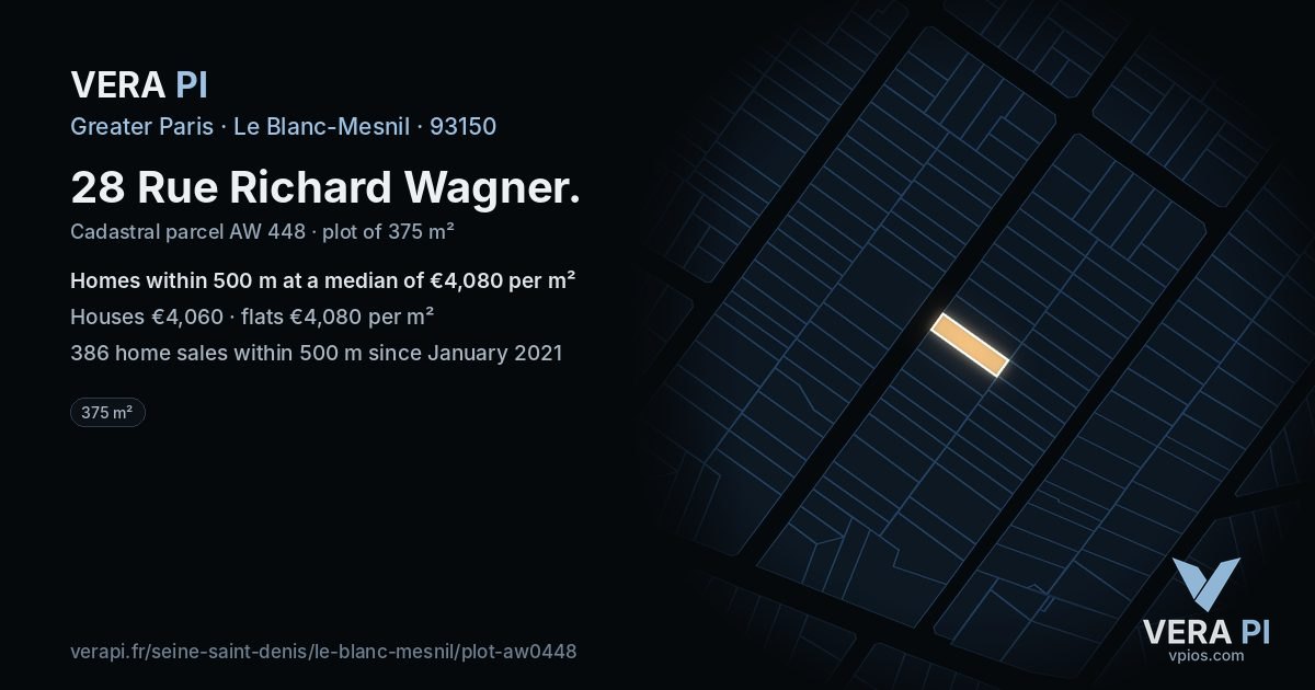 28 Rue Richard Wagner, Le Blanc-Mesnil at night – the plot lit, the parcels around coloured by the prices near them