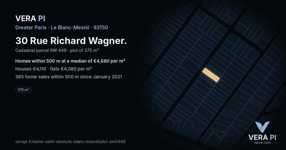 30 Rue Richard Wagner, Le Blanc-Mesnil at night – the plot lit, the parcels around coloured by the prices near them