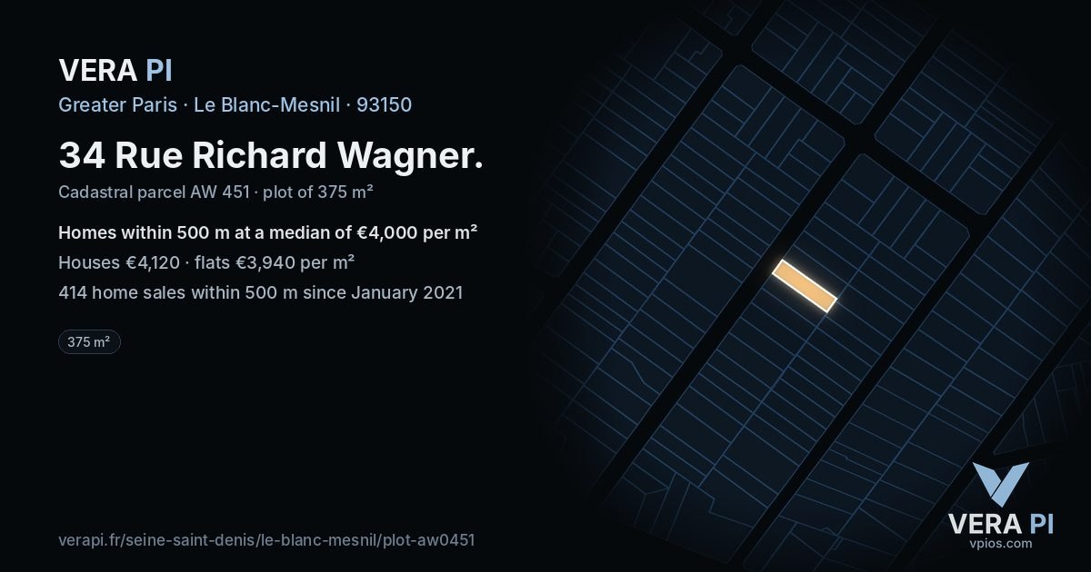 34 Rue Richard Wagner, Le Blanc-Mesnil at night – the plot lit, the parcels around coloured by the prices near them