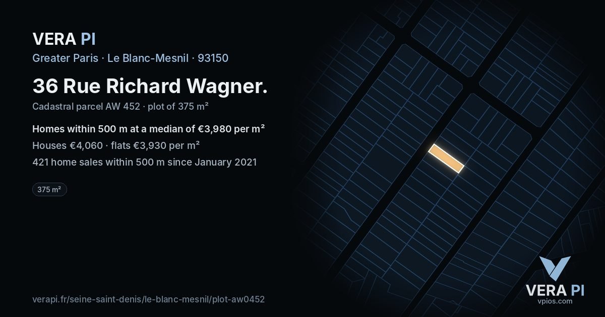 36 Rue Richard Wagner, Le Blanc-Mesnil at night – the plot lit, the parcels around coloured by the prices near them