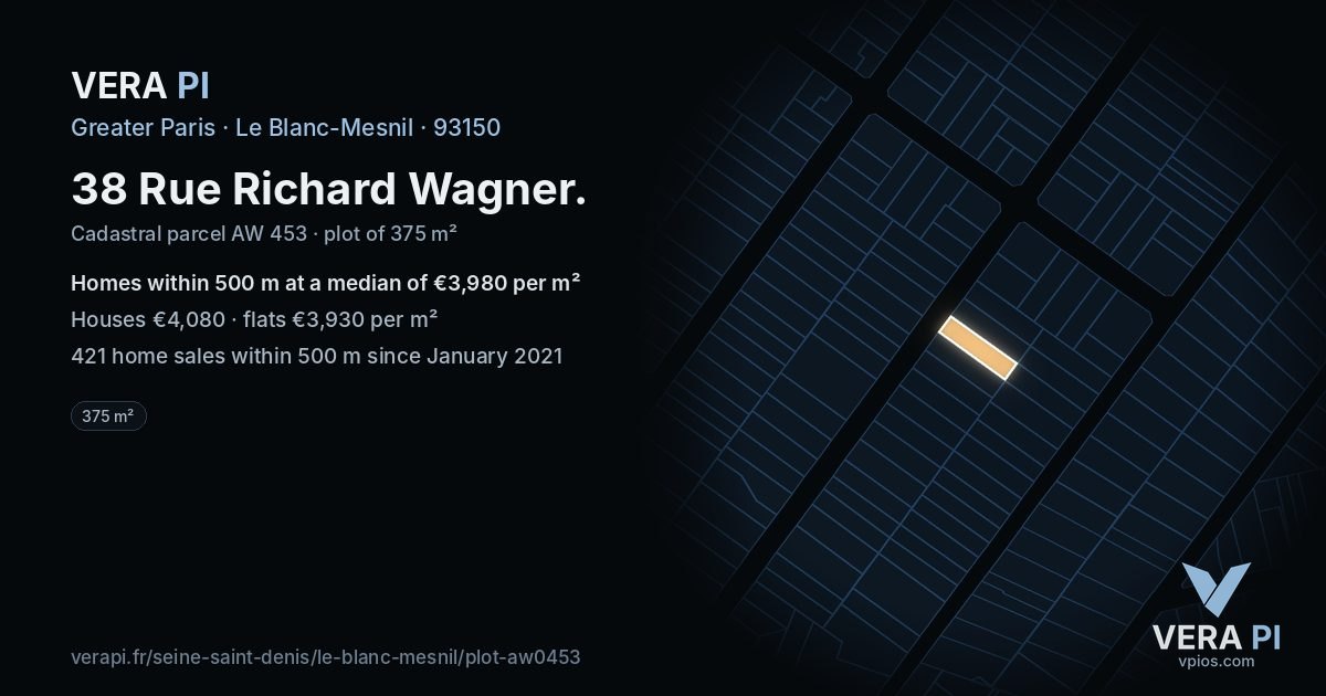 38 Rue Richard Wagner, Le Blanc-Mesnil at night – the plot lit, the parcels around coloured by the prices near them