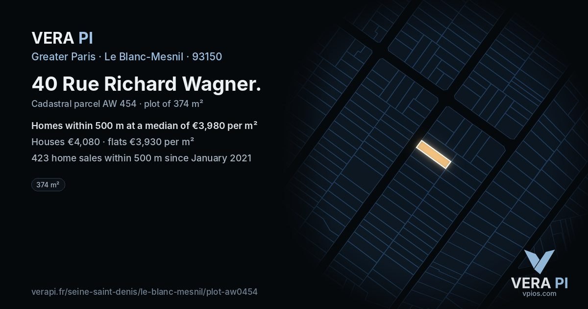 40 Rue Richard Wagner, Le Blanc-Mesnil at night – the plot lit, the parcels around coloured by the prices near them