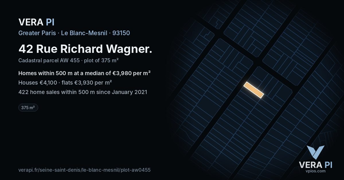 42 Rue Richard Wagner, Le Blanc-Mesnil at night – the plot lit, the parcels around coloured by the prices near them