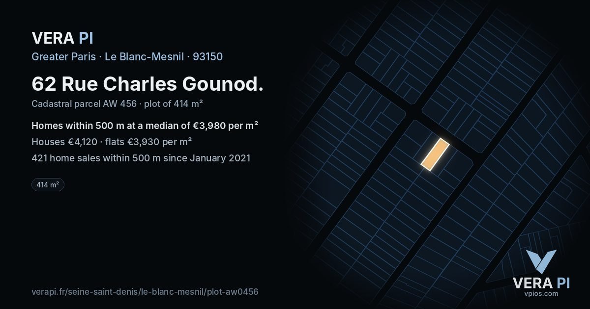 62 Rue Charles Gounod, Le Blanc-Mesnil at night – the plot lit, the parcels around coloured by the prices near them