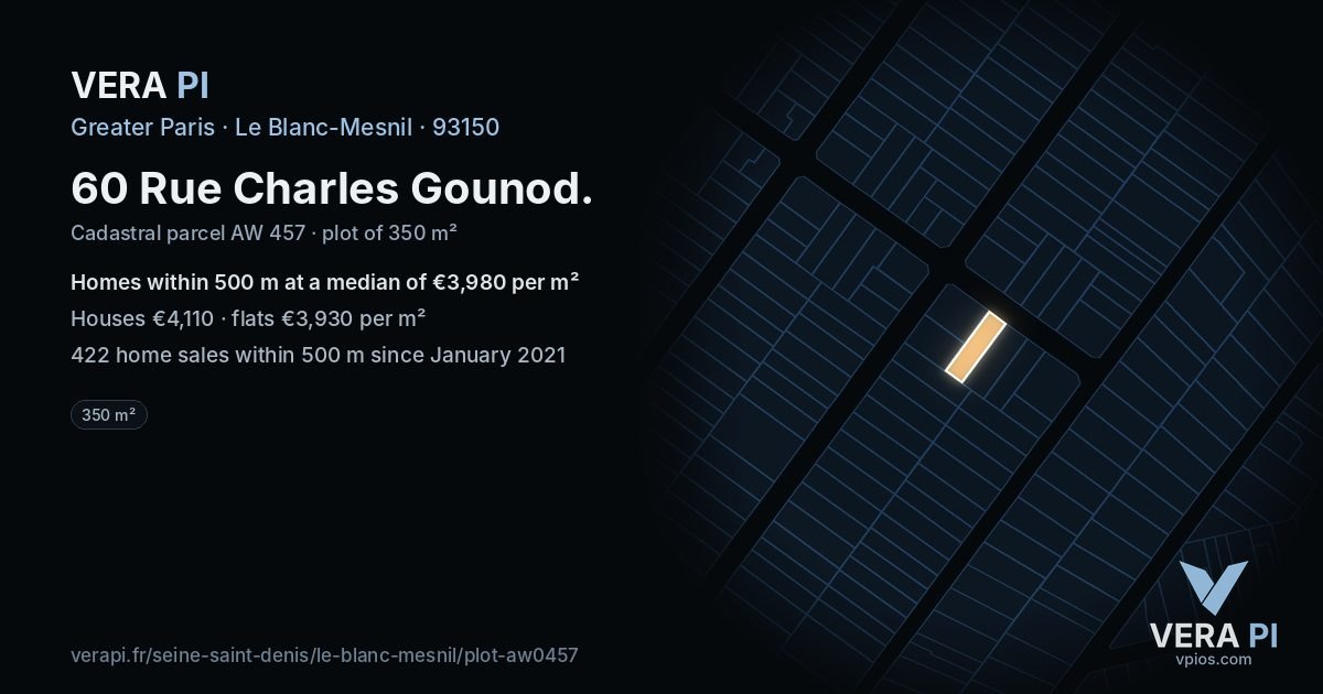 60 Rue Charles Gounod, Le Blanc-Mesnil at night – the plot lit, the parcels around coloured by the prices near them