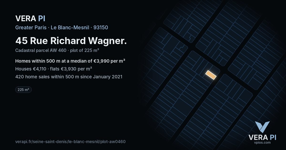 45 Rue Richard Wagner, Le Blanc-Mesnil at night – the plot lit, the parcels around coloured by the prices near them