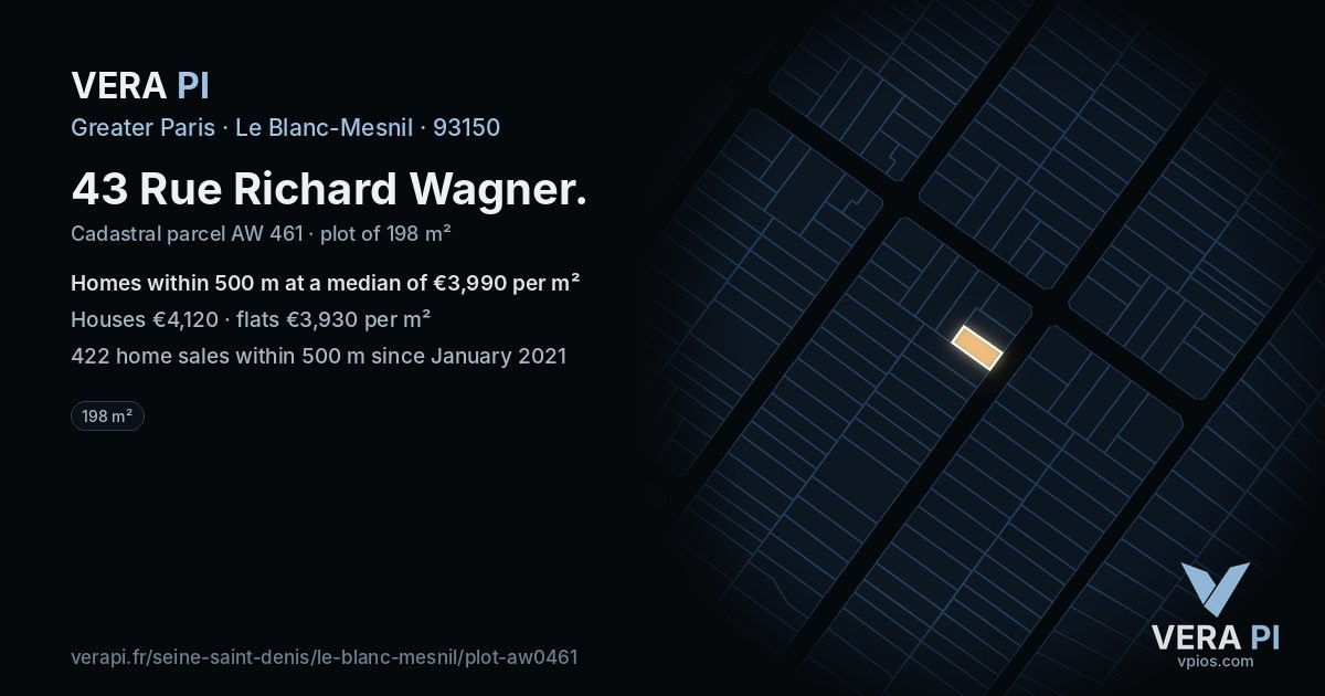 43 Rue Richard Wagner, Le Blanc-Mesnil at night – the plot lit, the parcels around coloured by the prices near them