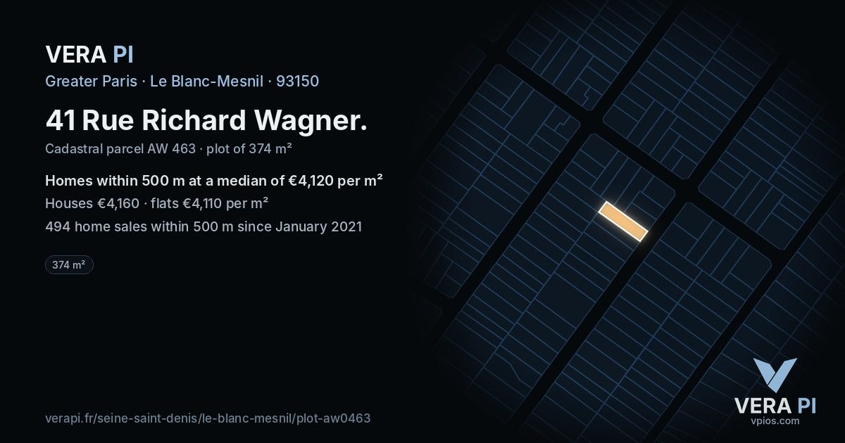 41 Rue Richard Wagner, Le Blanc-Mesnil at night – the plot lit, the parcels around coloured by the prices near them