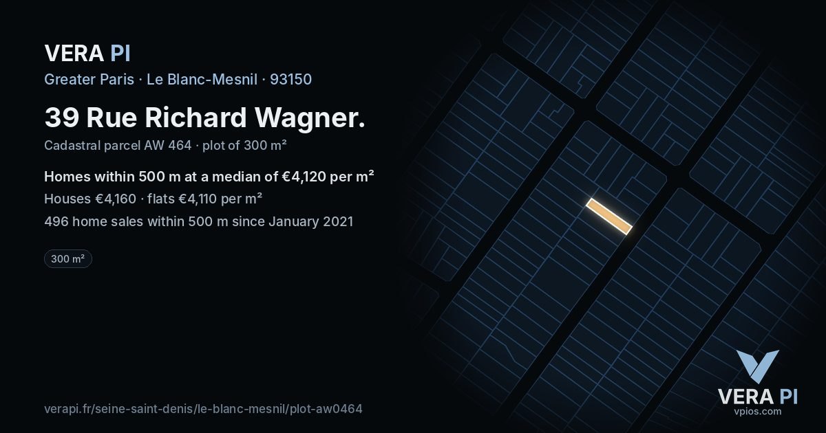 39 Rue Richard Wagner, Le Blanc-Mesnil at night – the plot lit, the parcels around coloured by the prices near them