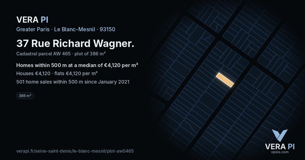 37 Rue Richard Wagner, Le Blanc-Mesnil at night – the plot lit, the parcels around coloured by the prices near them