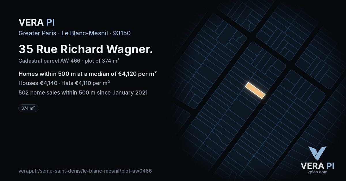 35 Rue Richard Wagner, Le Blanc-Mesnil at night – the plot lit, the parcels around coloured by the prices near them