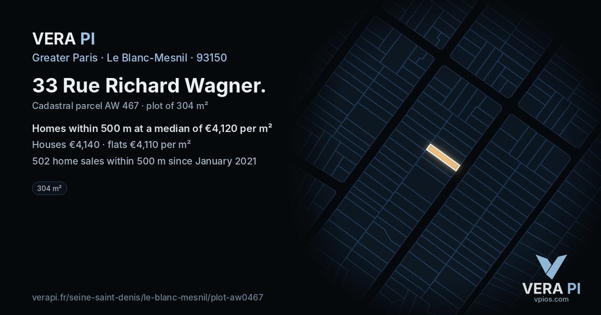 33 Rue Richard Wagner, Le Blanc-Mesnil at night – the plot lit, the parcels around coloured by the prices near them