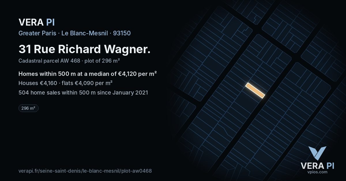 31 Rue Richard Wagner, Le Blanc-Mesnil at night – the plot lit, the parcels around coloured by the prices near them