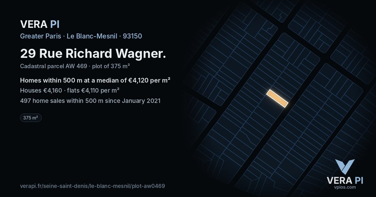 29 Rue Richard Wagner, Le Blanc-Mesnil at night – the plot lit, the parcels around coloured by the prices near them