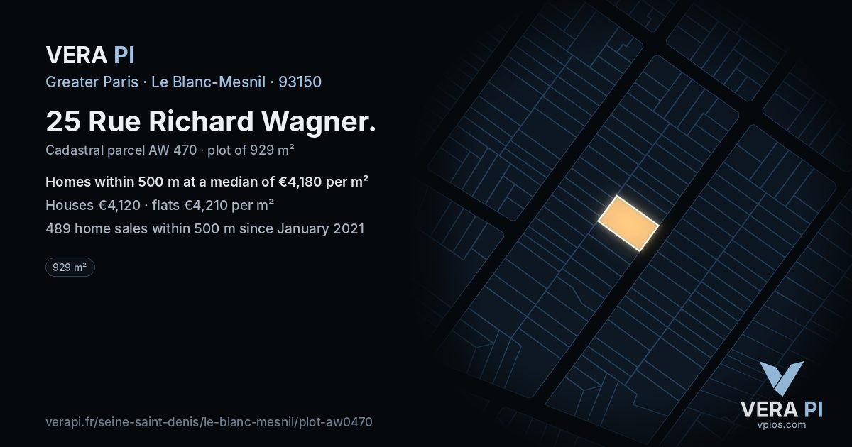 25 Rue Richard Wagner, Le Blanc-Mesnil at night – the plot lit, the parcels around coloured by the prices near them