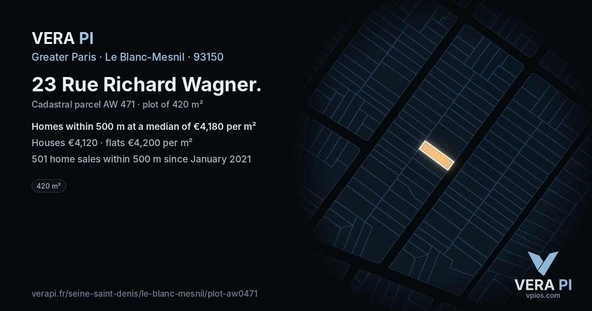 23 Rue Richard Wagner, Le Blanc-Mesnil at night – the plot lit, the parcels around coloured by the prices near them