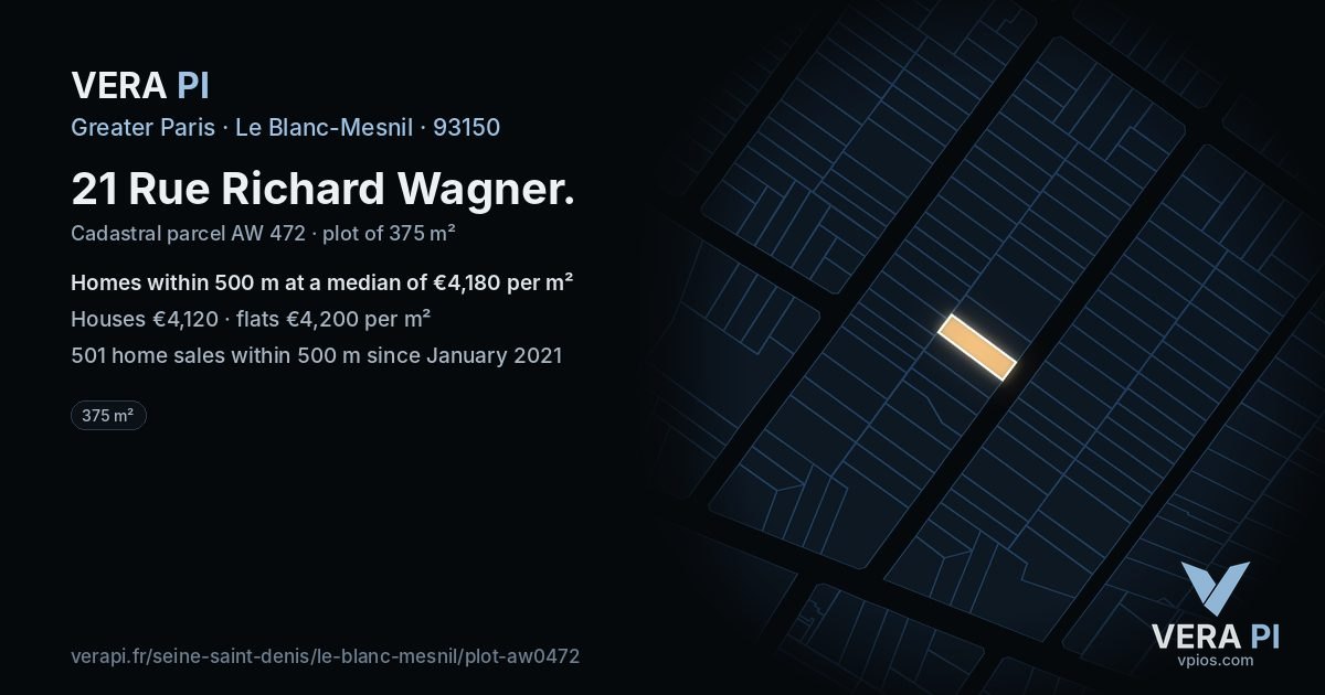 21 Rue Richard Wagner, Le Blanc-Mesnil at night – the plot lit, the parcels around coloured by the prices near them