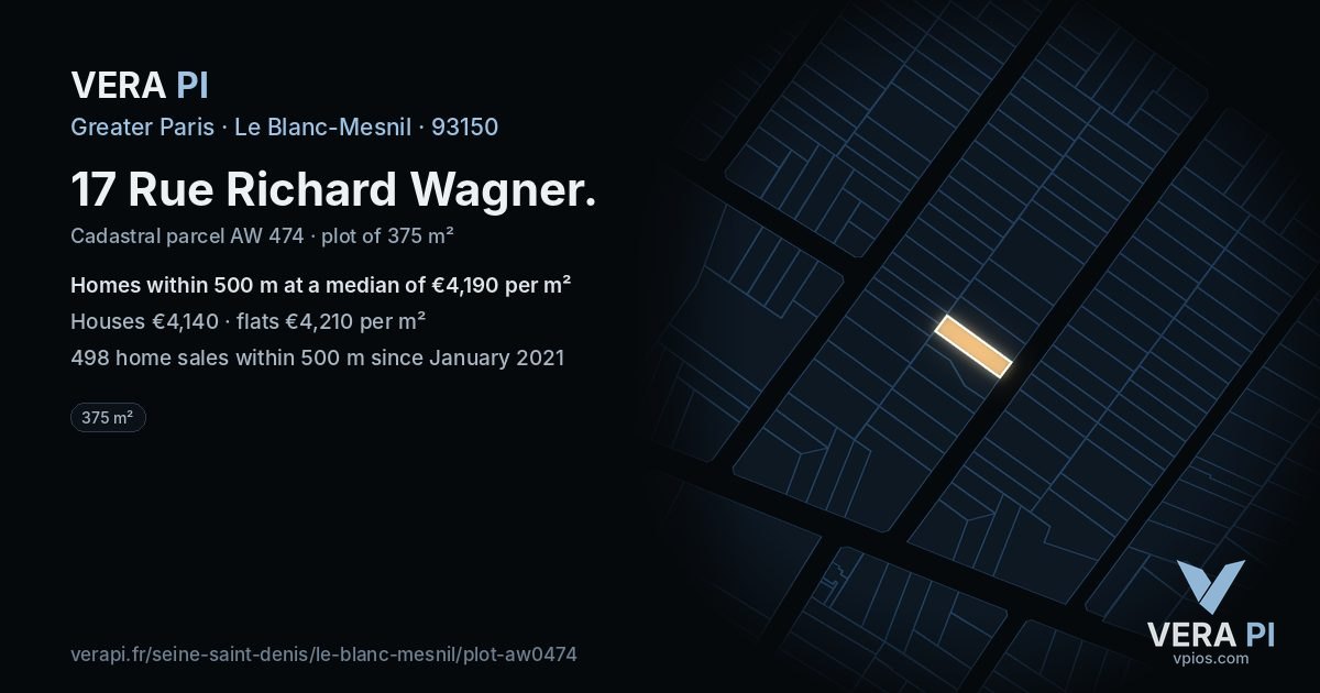 17 Rue Richard Wagner, Le Blanc-Mesnil at night – the plot lit, the parcels around coloured by the prices near them