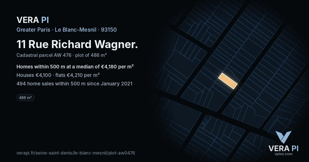 11 Rue Richard Wagner, Le Blanc-Mesnil at night – the plot lit, the parcels around coloured by the prices near them