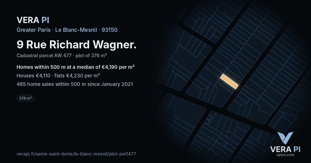 9 Rue Richard Wagner, Le Blanc-Mesnil at night – the plot lit, the parcels around coloured by the prices near them