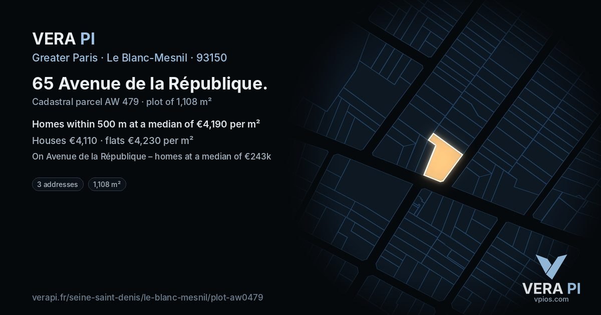 65 Avenue de la République, Le Blanc-Mesnil at night – the plot lit, the parcels around coloured by the prices near them