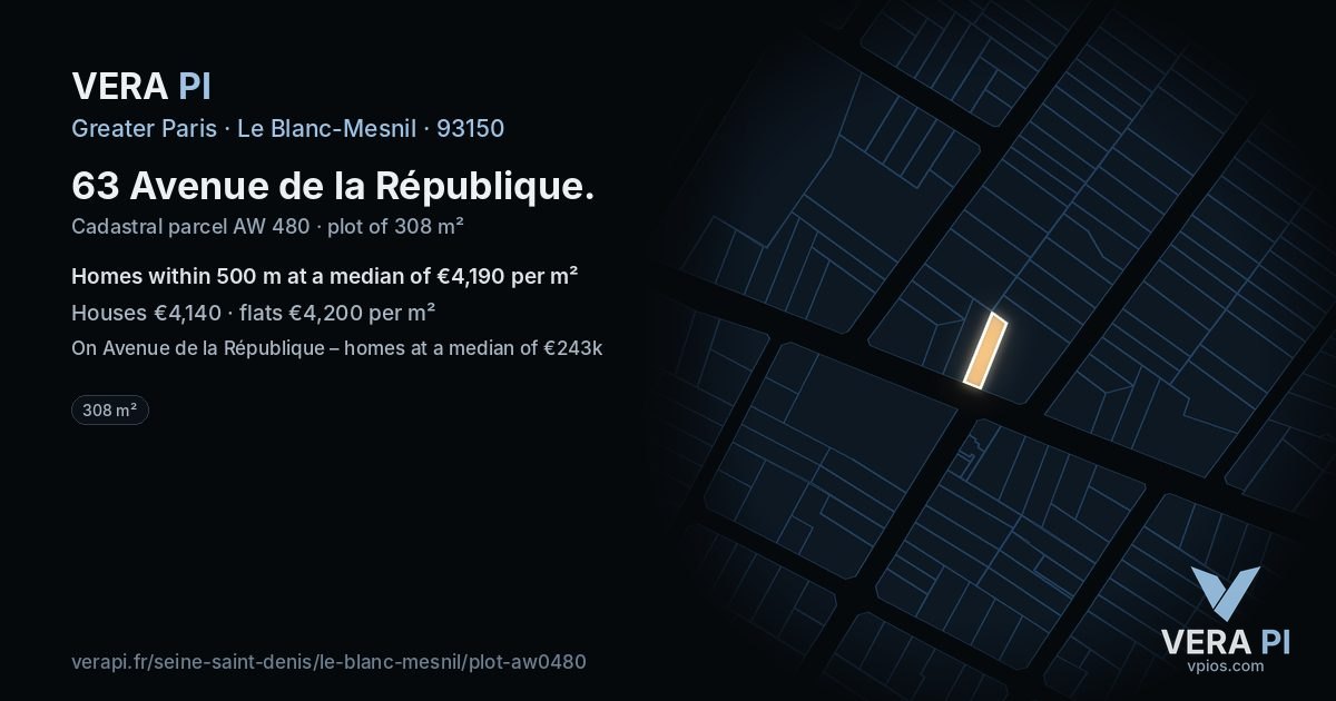 63 Avenue de la République, Le Blanc-Mesnil at night – the plot lit, the parcels around coloured by the prices near them