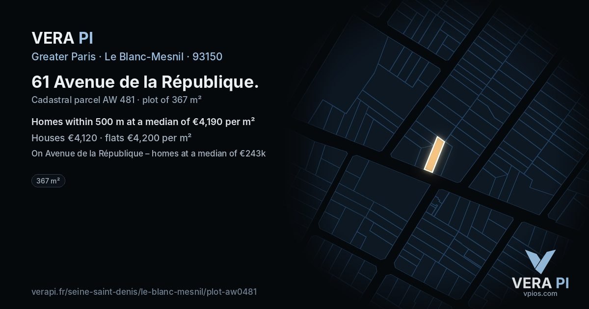 61 Avenue de la République, Le Blanc-Mesnil at night – the plot lit, the parcels around coloured by the prices near them