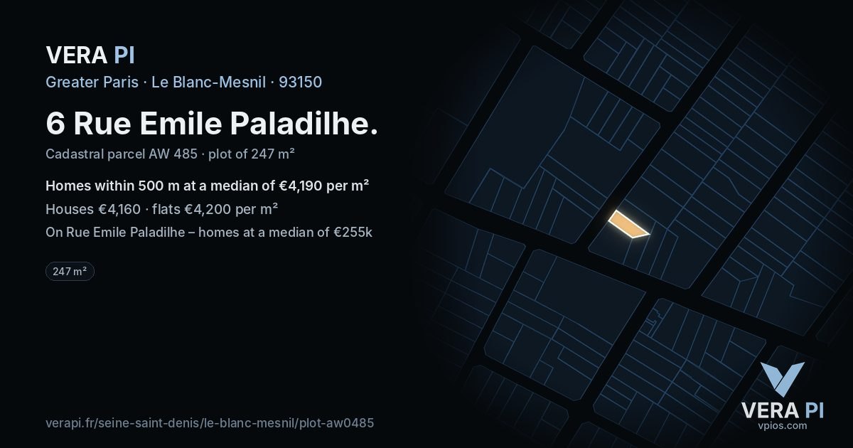 6 Rue Emile Paladilhe, Le Blanc-Mesnil at night – the plot lit, the parcels around coloured by the prices near them